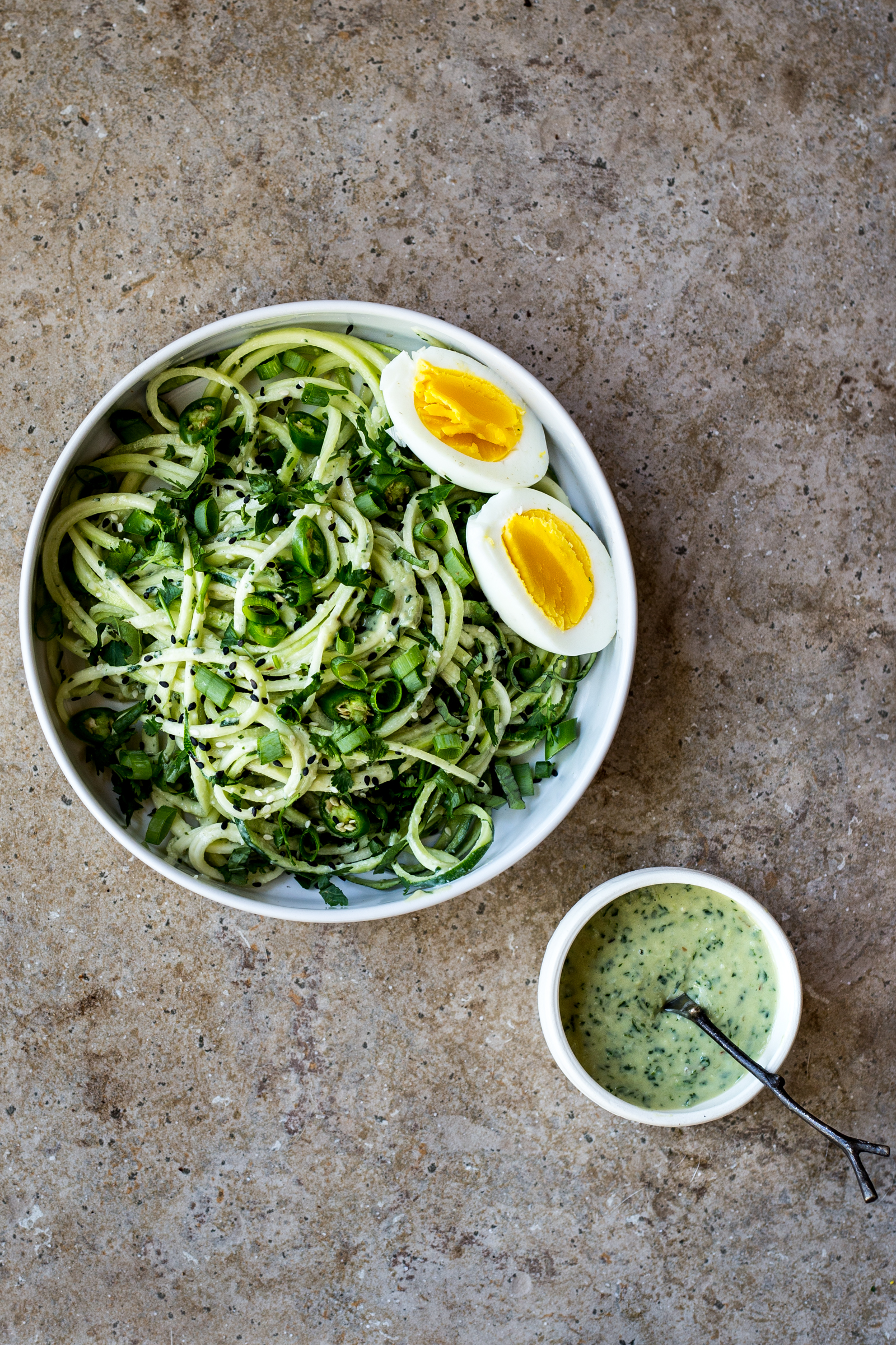 Zucchini Noodles with Green Chile Miso Pesto - Dishing Up the Dirt
