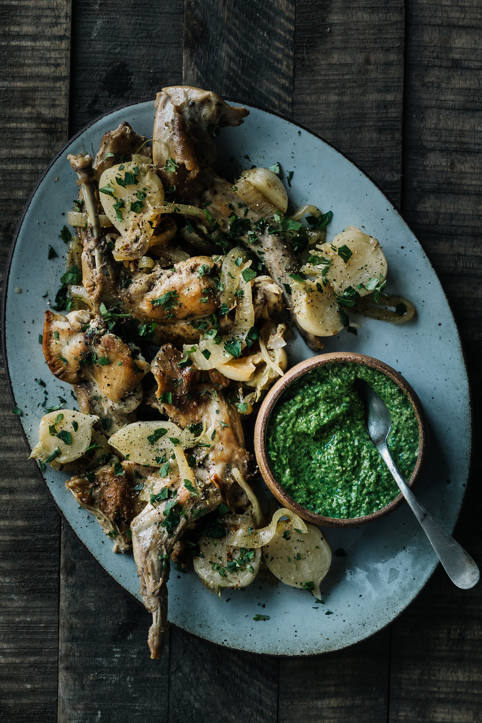 Mustard Braised Rabbit with Turnips & Arugula Pesto
