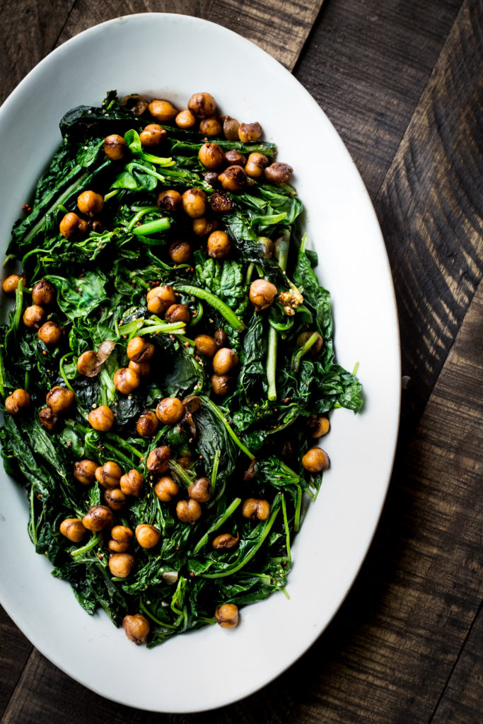 Braised mustard greens with sesame chickpeas