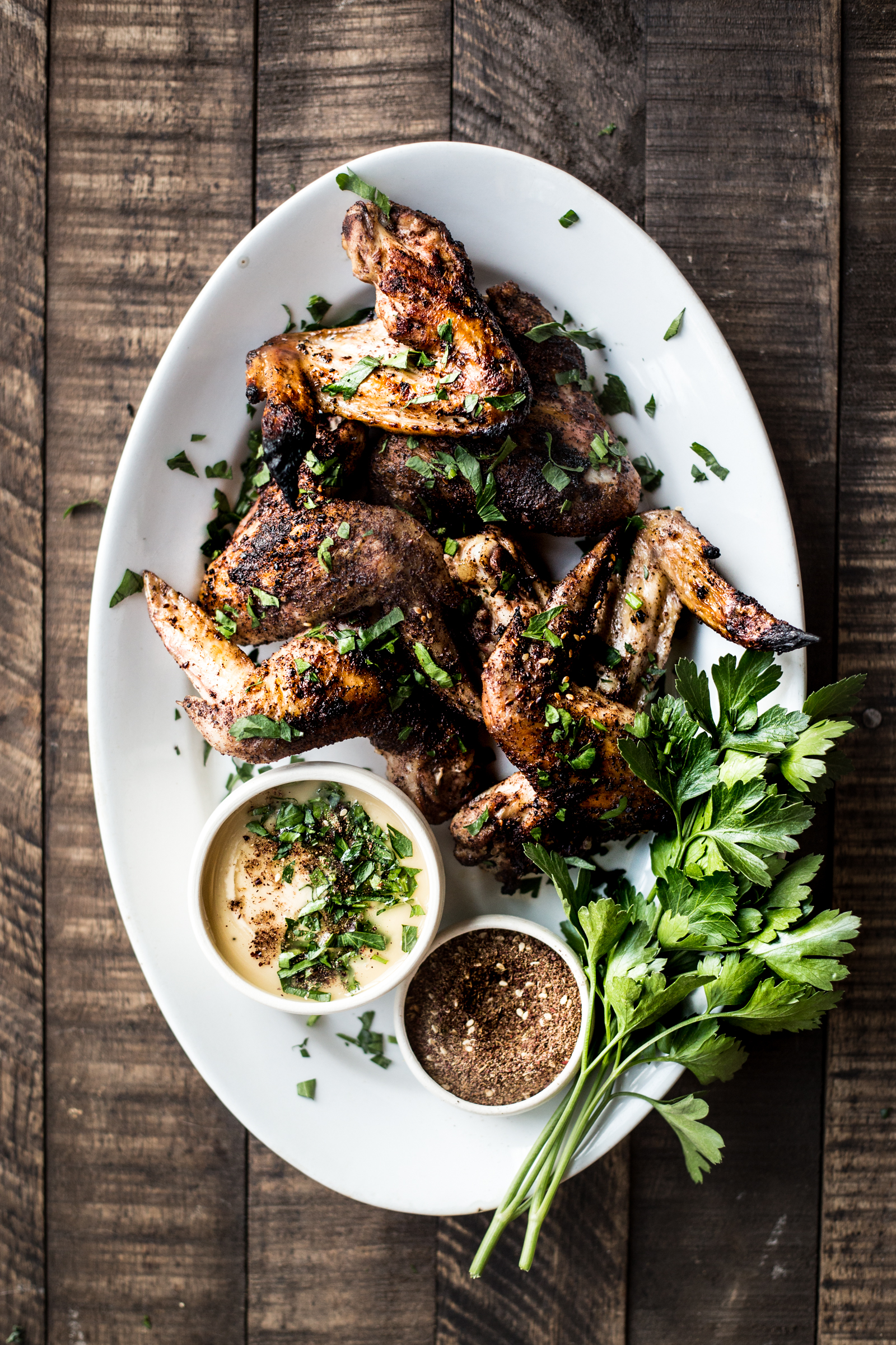 Za’atar Grilled Chicken Wings with Tahini Sauce - Dishing Up the Dirt