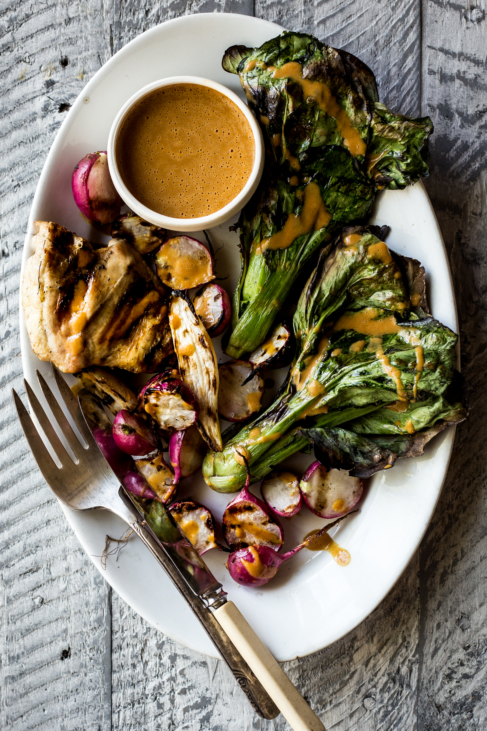 Chicken With Charred Bok Choy Radishes Peanut Sauce Dishing Up The 