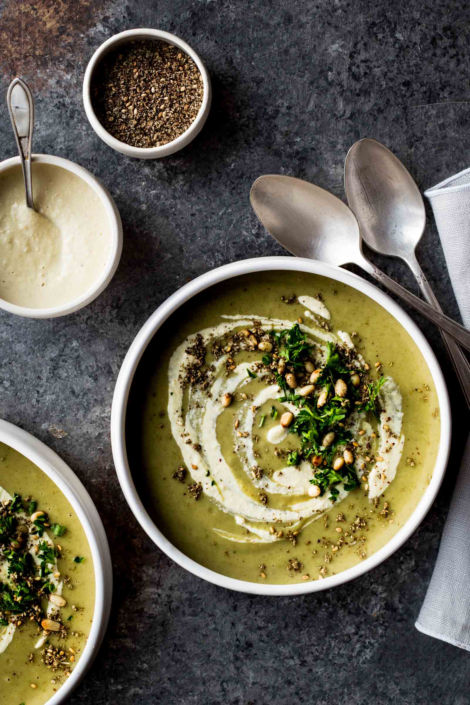 Broccoli & Za'atar Soup with Tahini Cream - Dishing Up the Dirt