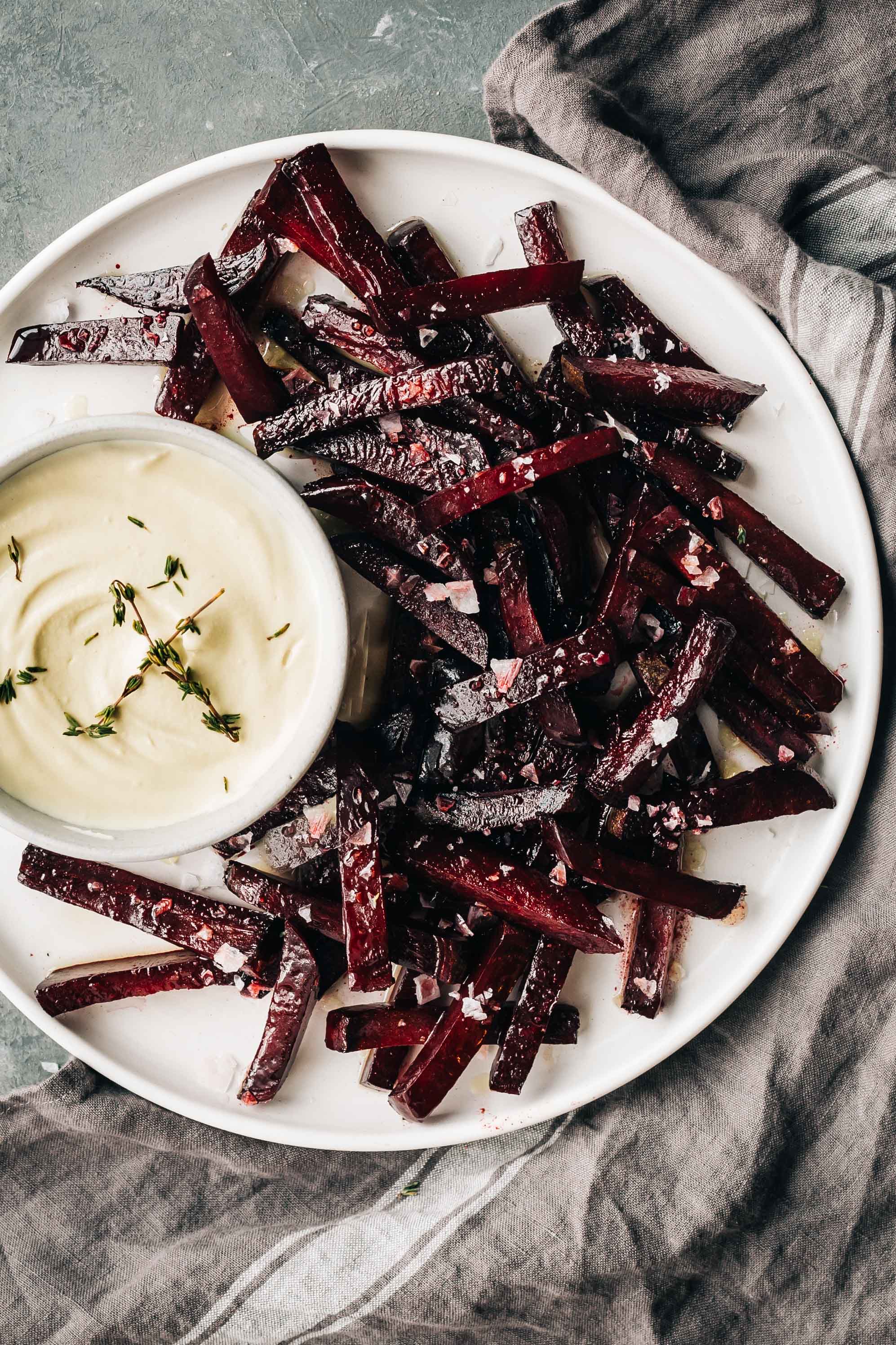 Sea Salt Beet Fries with Garlic Cashew Cream Dipping Sauce - Dishing Up the  Dirt