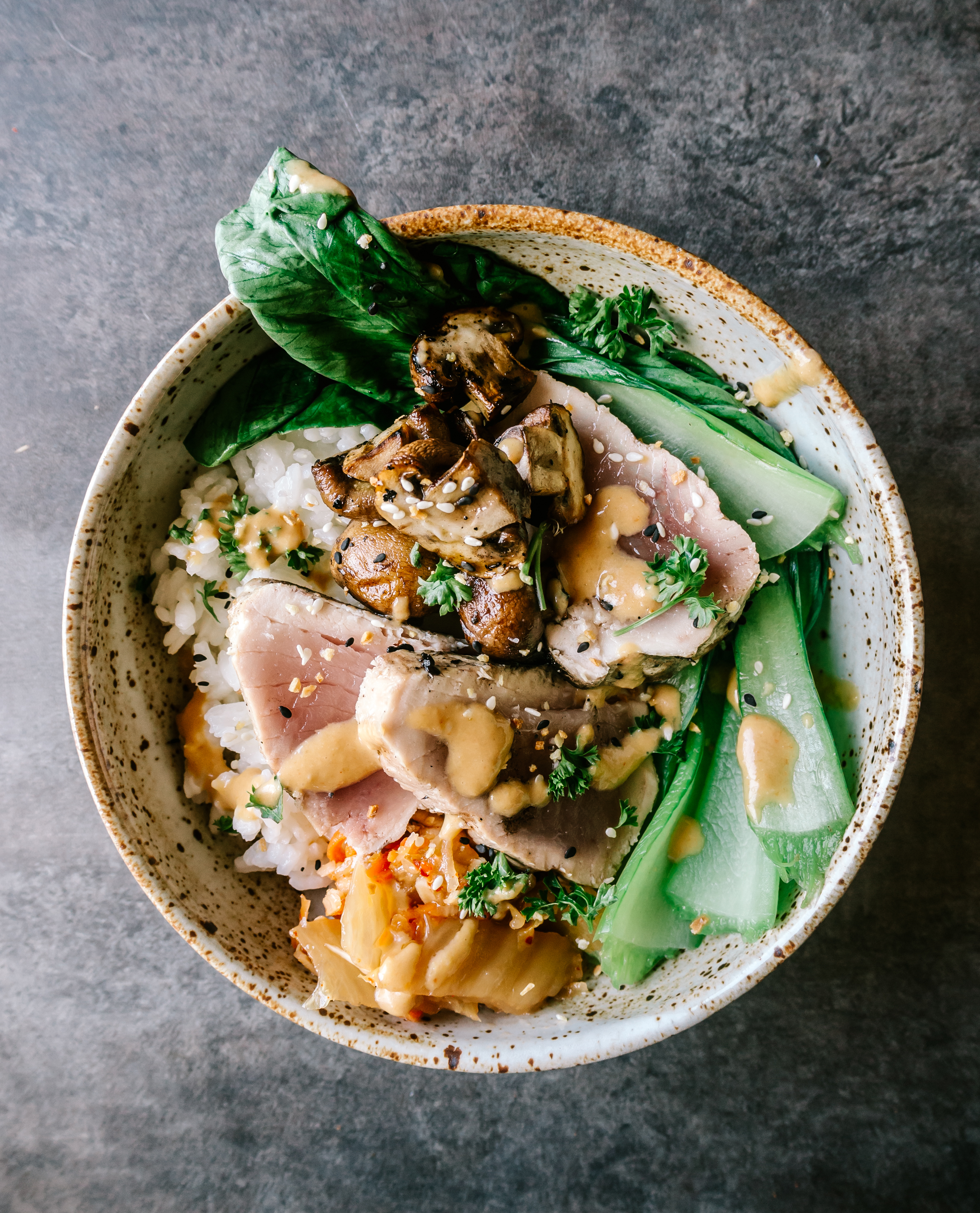 Albacore Tuna Bowls with Kimchi-Miso Sauce - Dishing Up the Dirt