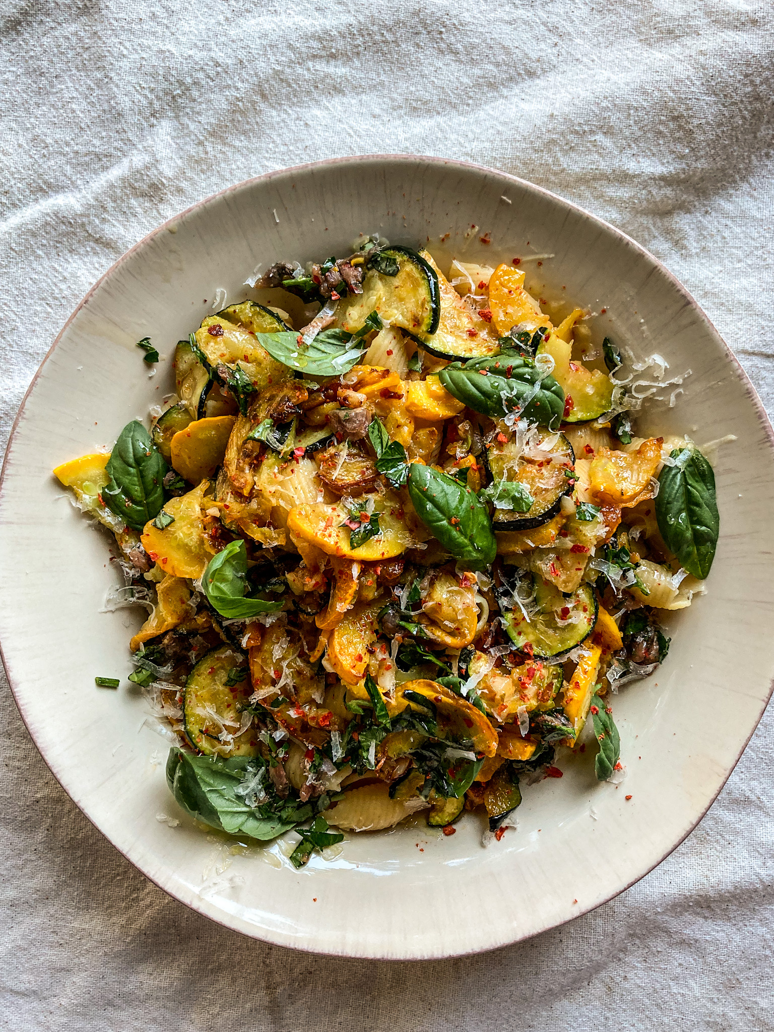 Jammy Summer Squash Pasta with Basil and Anchovies - Dishing Up the Dirt